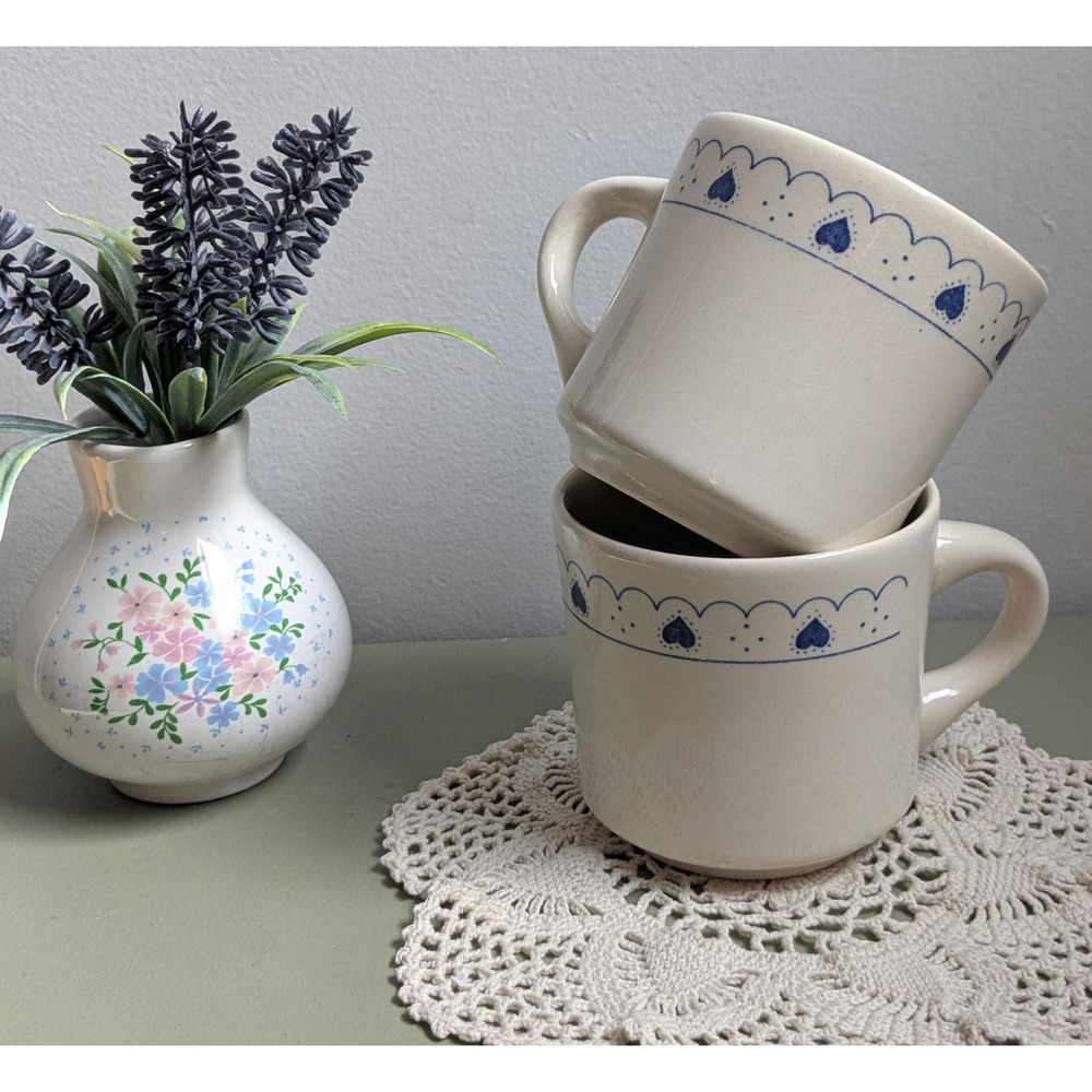 Vintage Brazilian Stoneware Mugs Set of 2 Blue Hearts Country Kitchen